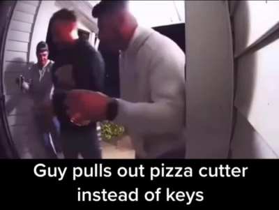 Drunk Group of Men Take Pizza Cutter to Open Door and One Collapses