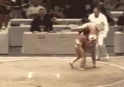 To win a bout, no part of a sumo wrestler’s body, other than the bottoms of his feet, can touch the ground after a match has started
