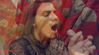 Slutty Dancer in fishnets getting covered with his load and swallowing all up!