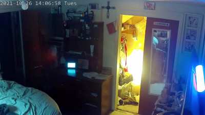 Door swings open after I leave the room (brightness up) security camera caught yesterday!