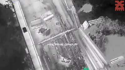 Ground drone armed with 200-kilogram bomb of plastic explosive and hydrogen detonating itself at Russian position at Vovchansk Aggregate Plant. Published on July 28, 2024. Khorne Group. 116th Mechanized Brigade