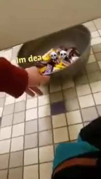 Guy offers candy to his neighbours while they poop