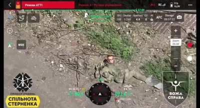 FPV drone operators of the "God's Cause" UAV unit of the 47th Mechanized Brigade took out a Russian soldier while he was lying on the ground for an unknown reason. Pokrovsk direction. September 2024.