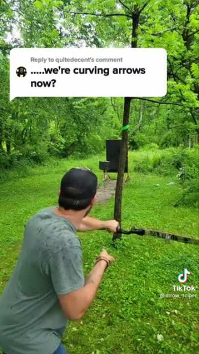 Man curves an arrow around a tree and hits target.