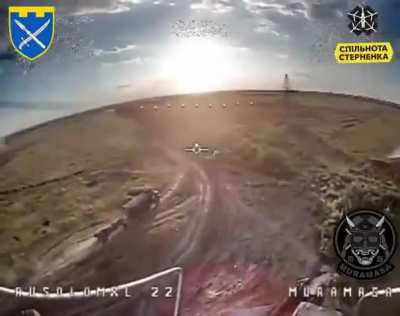 FPV pilots of the Ukrainian 109th Territorial Defense Brigade "Muramasa" unit attack Russian supply trucks in the Pokrovsk area. Donetsk Oblast.