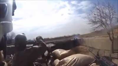 US soldiers react to RPG or ATGM (they don't even know) whizzing by. Sound.