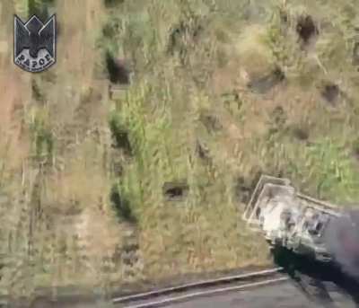 A Ukrainian FPV pilot attacks a Russian BTR-D /BMP-1 after it has lost its track. This transport vehicle is usually used by airborne troops. Khromove, Donetsk Oblast.