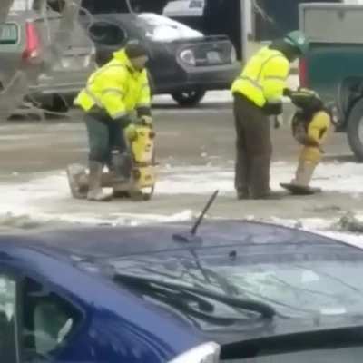 Construction workers having fun