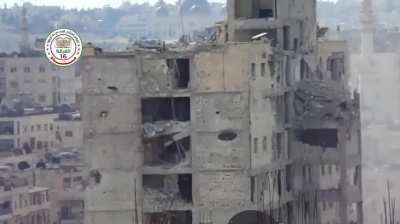 FSA 16th Division "Hell Cannon" repeat strikes on a Syrian Army occupied building - al-Khalidiya, Aleppo - 3/10/2015