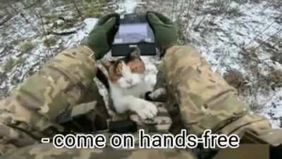 Cat climbs on an Ukrainian soldier operating a drone.