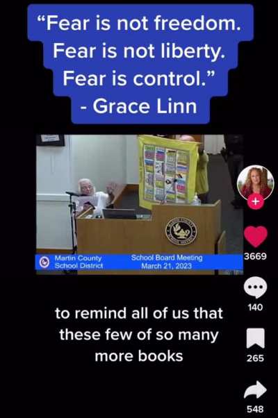 100 year old woman speaks to Martin County School District in Florida to express anger about US government book banning. Her husband died fighting the Nazis who banned books.