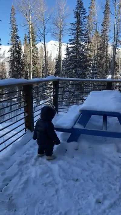 My daughter&rsquo;s first day in a snow suit looking like a GTA glitch