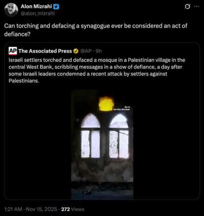 Israeli settler terrorists torched &amp;amp; defaced a mosque in the occupied West Bank. The Associated Press chooses to use the word 'defiance' to describe the hateful graffiti the terrorists left behind.