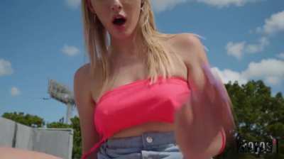 Melody Marks riding in a jean skirt