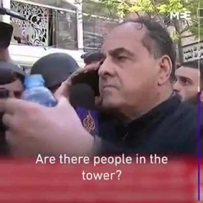 The owner of al-Jalaa tower pleads with an Israeli officer on live TV to let journalists collect their gear before he bombs it. Moments later, Israeli air strikes demolish the #Gaza building that housed several international media offices, including #AlJa