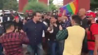 Man telling proud boys in Portland to get fucked *Points at doggo* "You're cool" Goes on telling Proud boys to fuck off.