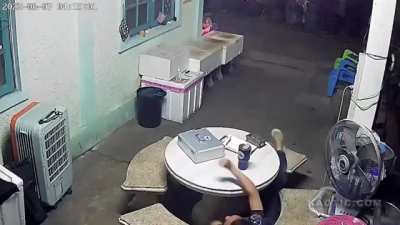 Guy slowly turns head and looks at CCTV camera with a terrifying expression on his face (as if he saw something), proceeds to scream and die.