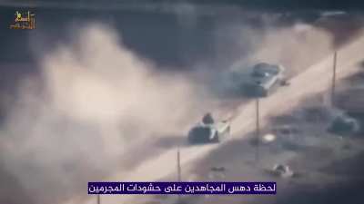 Syrian Army troops retreating are attacked by Syrian rebel BMP-1s and T-72s at Khattab, near Hama