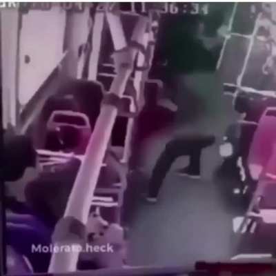 kid gets stamped three times on head by a man on the bus