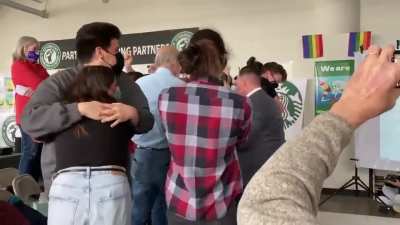 Reaction by Starbucks workers reaching a majority in the union vote in Buffalo, NY. It becomes the first unionized Starbucks shop in the US.