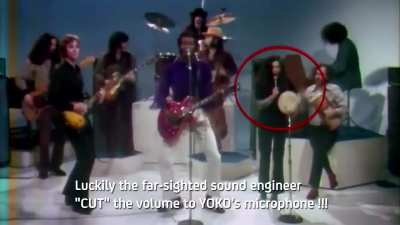 Sound engineers turn Yoko Ono's mic off mid performance to stop her from ruining a legendary performance between John Lennon and Chuck Berry in 1972.