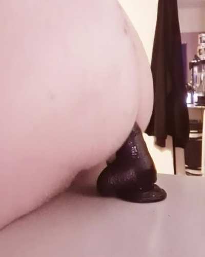 My submissive slut [F] 25 can't take this dildo all the way in her cunt but she loves riding it balls deep in her ass ready for her daddy [M] 48 to fist her. Watch until the end.