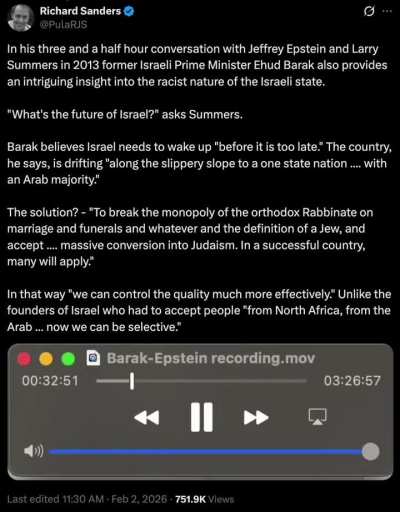 In 2013 Larry Summers, Ehud Barak, &amp;amp; Epstein lament Israel's demography. Summers complains about 'Arab &amp;amp; Orthodox' procreation. Barak proposes changing who is a Jew, accepting mass conversion in order to 'control quality' - in contrast, he says, t