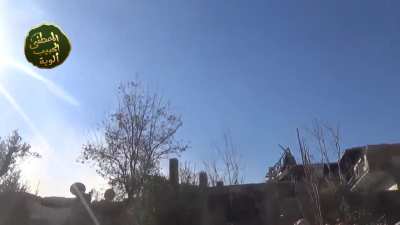 Opposition cameraman filming captures the moment a Syrian Army "Elephant Rocket" soars overhead - Jobar, Damascus - 12/25/2014