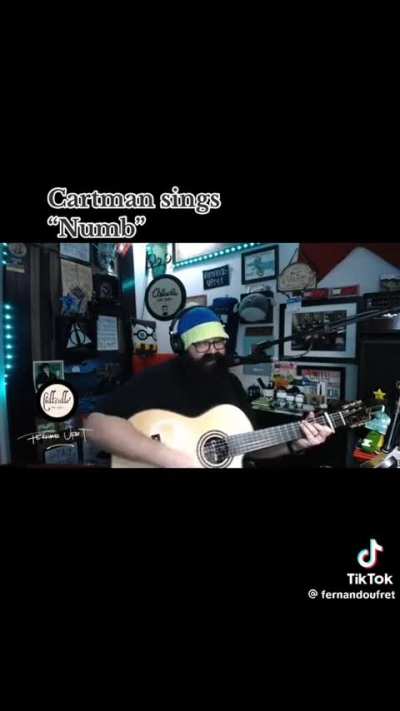 Cartman sings "Numb". This guy has whole page on tiktok singing popular songs as Cartman. Credits:fernandoufret on tiktok