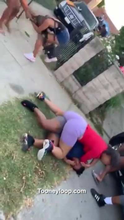 Girl in purple sits nice butt on opponent while she beats her down