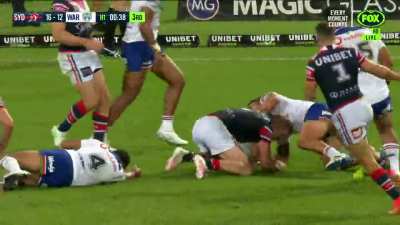 Angus Crichton ending the first half with a torn jersey