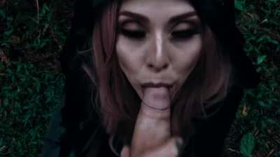 Cosplay Witch Giving Deep Blowjob In The Woods