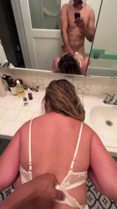 Asian wife manhandled in front of the bathroom mirror