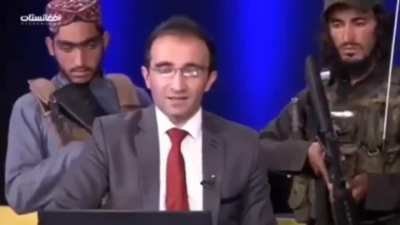 Surreal footage. Taliban militants posing behind a visibly petrified TV host with guns and making him say to the people of Afghanistan that they shouldn&rsquo;t be scared of the Islamic Emirate.