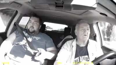Older man almost crashes the car after falling asleep and blames another driver.