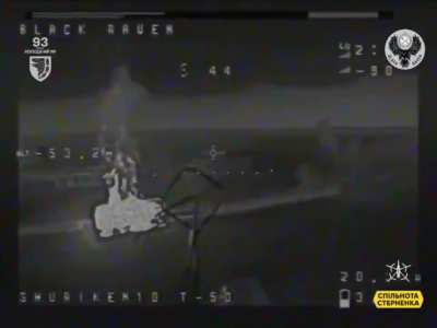 Night-time footage of a Ukrainian FPV pilot attacking a Russian KAMAZ truck moving a 2A18 D-30 122-mm artillery gun and ammunition. 