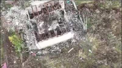 Russian soldiers trying to shelter inside destroyed buildings from drones are hit with dropped-grenades