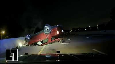 Cop flips a woman's car over on the freeway