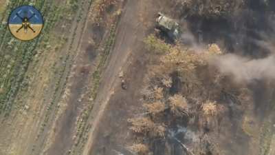 Drone-bomber of the "Air Canada" group of the 3rd mechanized battalion of the 72nd OMBr drops three VOG grenades on dismounting Russian infantry in quick succession