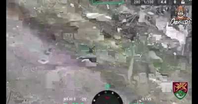 A Russian soldier pulls the pin on a grenade, but is shot before he can throw it and blows himself up. Ukrainian 71st Jaeger Brigade, Avdiivka region.