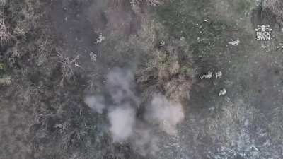 A Ukrainian drone drops a grenade amongst 8 Russians attacking Ukrainian positions. &ldquo;Black Swan&rdquo; video, April 6, 2024