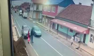 Extreme crash where vehicle carrier hits the couple who illegally parked in front of them