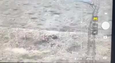 Russians put 2 metric tons of explosives on a MT-LB APC and sent it towards Ukrainians, luckily, it blew up on a mine (footage captured near Avdiivka).