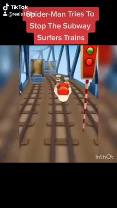 Spider-Man tries stopping the Subway Surfer trains