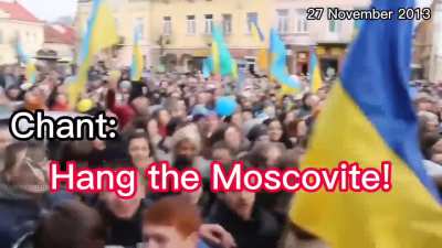 Ukrainians like to justify xenophobic hate of Russians due to the "invasion". Here's 2013 in early days of Maidan. &ldquo;Hang the Moscovites!&rdquo; &amp; &ldquo;Those who aren&rsquo;t jumping are Moscovites!&rdquo; chants.