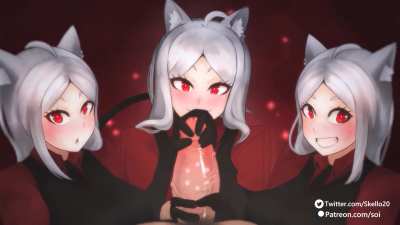 Cerberus doing a bit of... everything to you. [Helltaker](Skello)