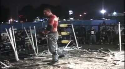 Deathmatch wrestler takes weed whacker to opponents torso and cuts it to shreds