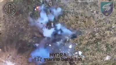 Drone-dropped munition strips off Russian soldier's clothing near Krynky. Video by 35th Marine Brigade