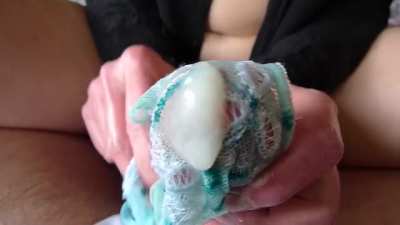 Handjob ends with him cumming in his wife's panties.