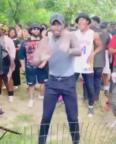 Dancer gradually amps up people around him.